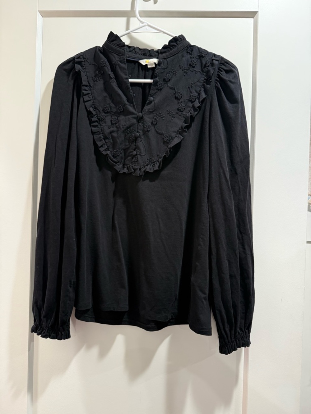 Boden Black Ruffled Embroidered V-Panel Blouse Size 6